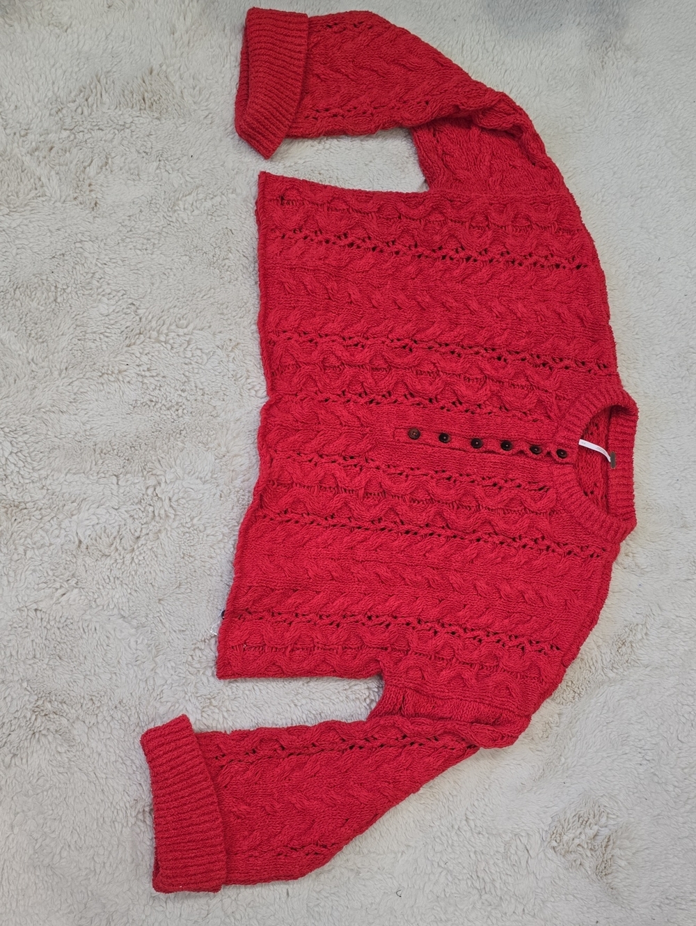 Free People Red-Knit Crew Sweater with Button Placket
